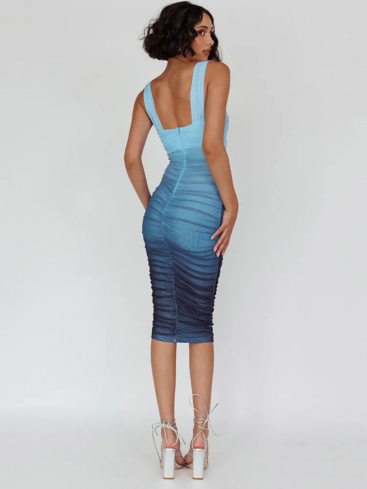 Gradient Backless Skinny Two Layer Mesh Midi Dress Rown