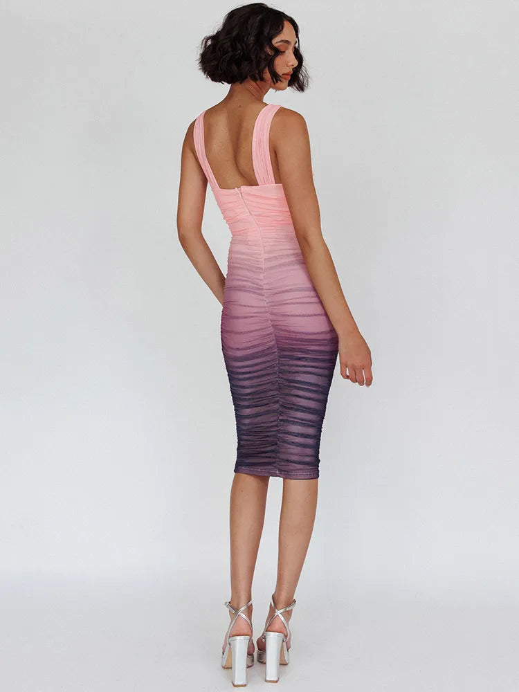 Gradient Backless Skinny Two Layer Mesh Midi Dress Rown