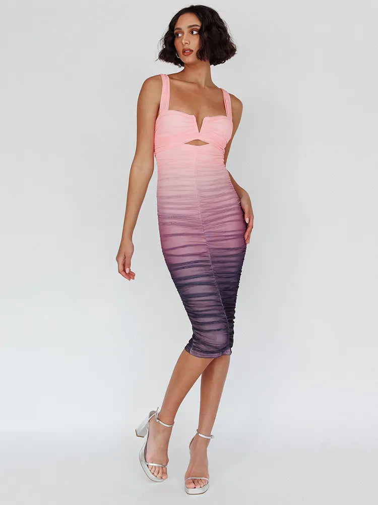 Gradient Backless Skinny Two Layer Mesh Midi Dress Rown