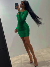 Green V Neck Long Sleeve Bodycon Ruched Mini Dress Rown