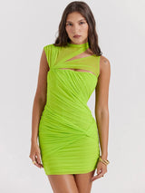 Green Pleated Two Layer Mesh Zipper Mini Dress - Rown