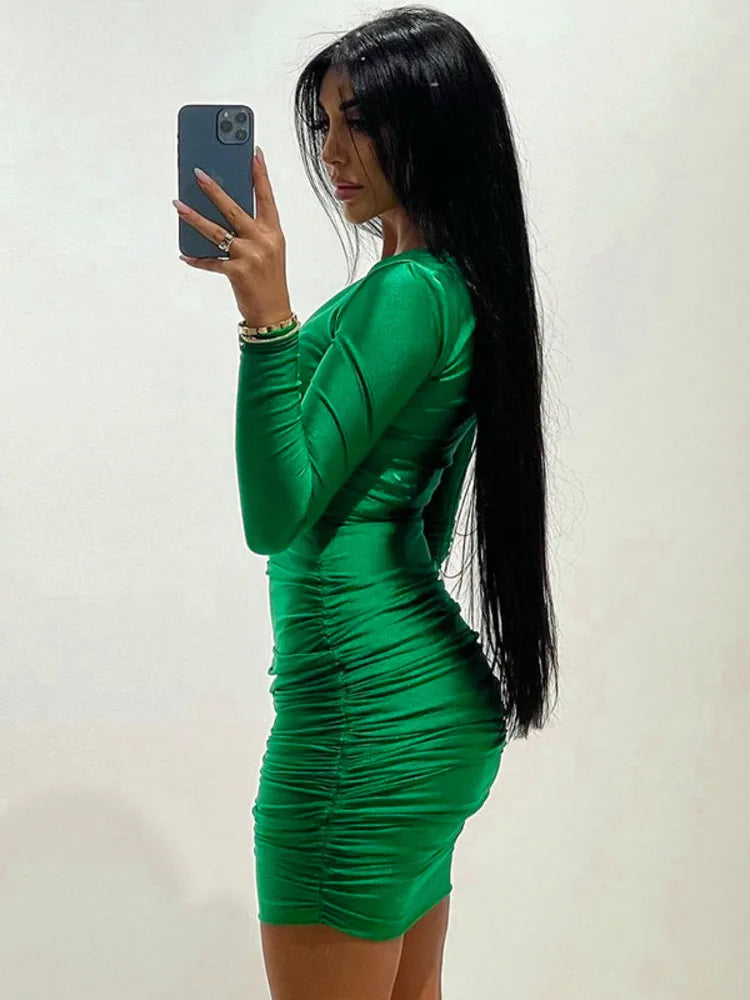 Green V Neck Long Sleeve Bodycon Ruched Mini Dress - Rown