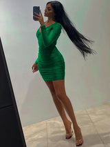 Green V Neck Long Sleeve Bodycon Ruched Mini Dress - Rown