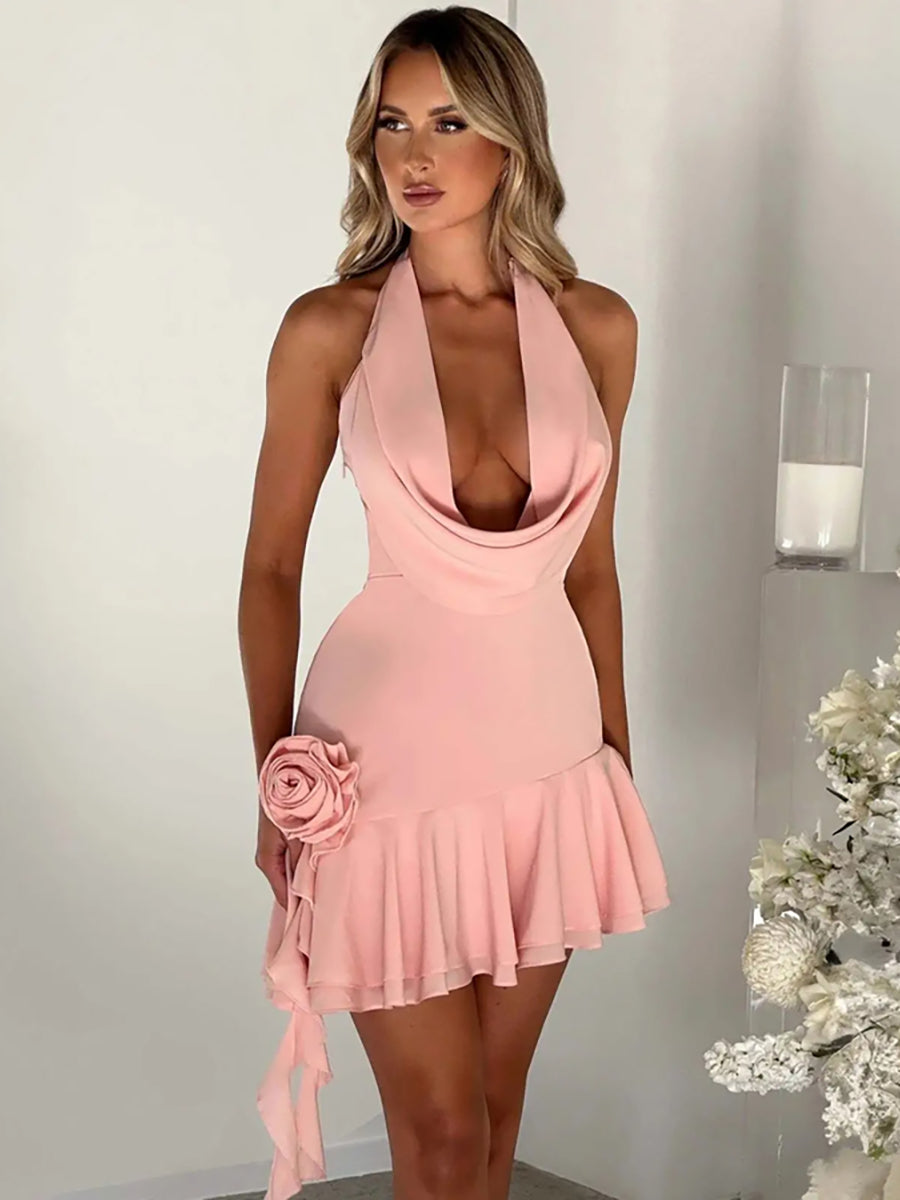 Halter 3D Flower Backless V Neck Sleeveless Mini Dress Rown