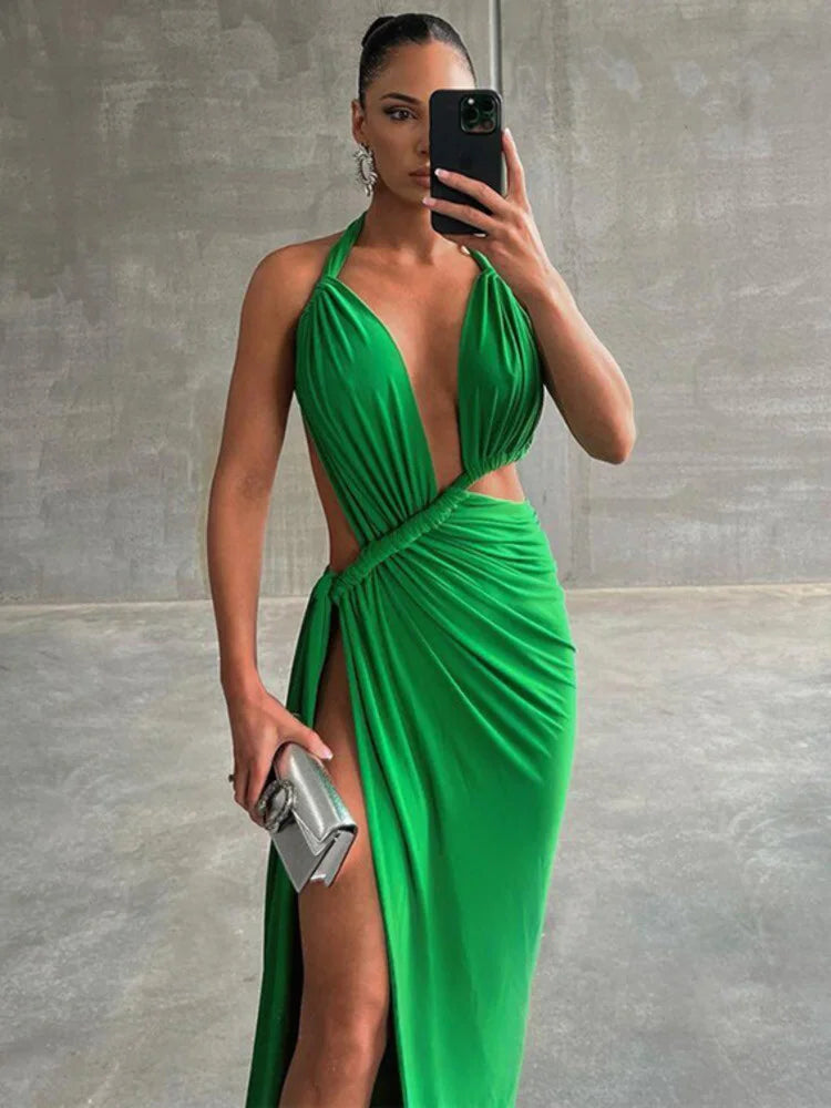 Halter Hollow Out High Split Bodycon Maxi Dress Rown