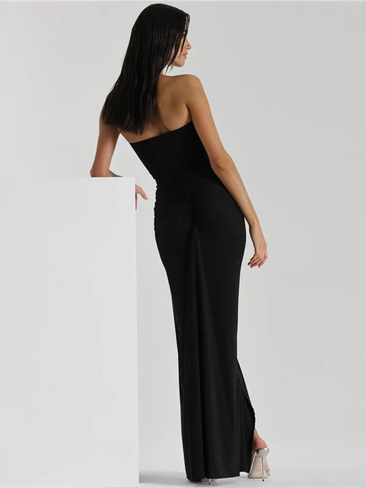 Halter Ruched Split Strapless Maxi Dress Rown