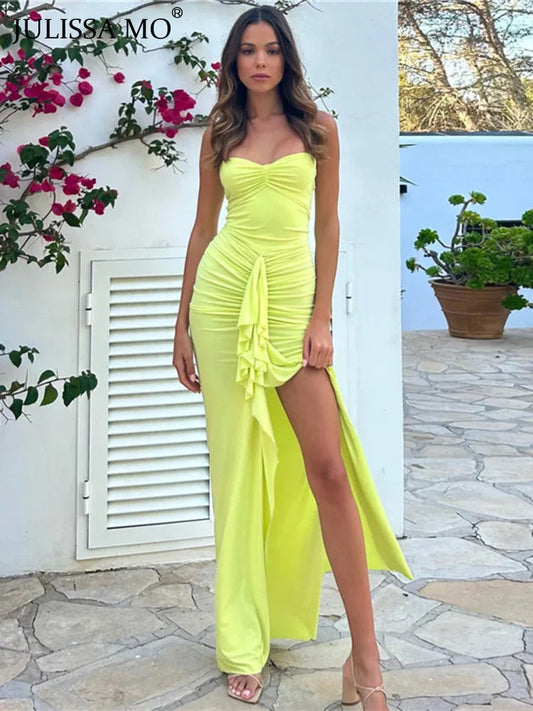 Halter Ruched Split Strapless Maxi Dress Rown