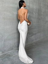 Halter Deep V Neck Fishtail Backless Maxi Dress - Rown