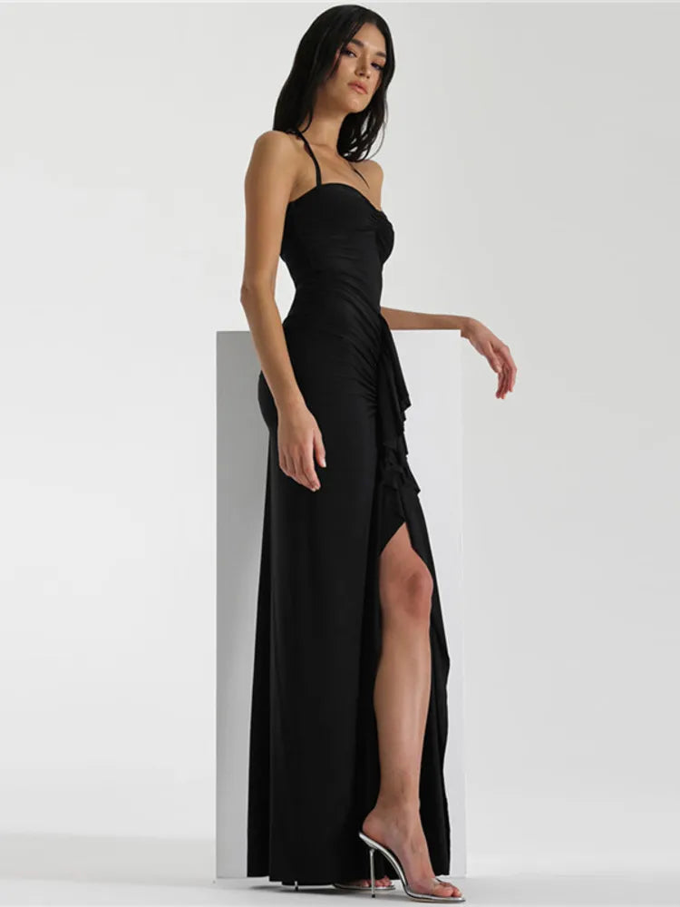 Halter Ruched Split Strapless Maxi Dress - Rown