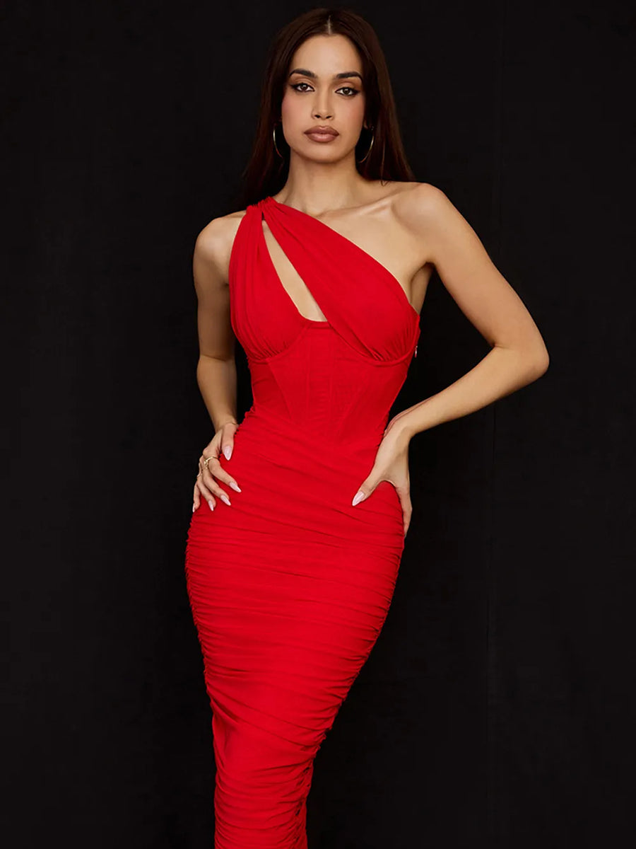 High Quality Mesh One Shoulder Backless Midi Dress Rown