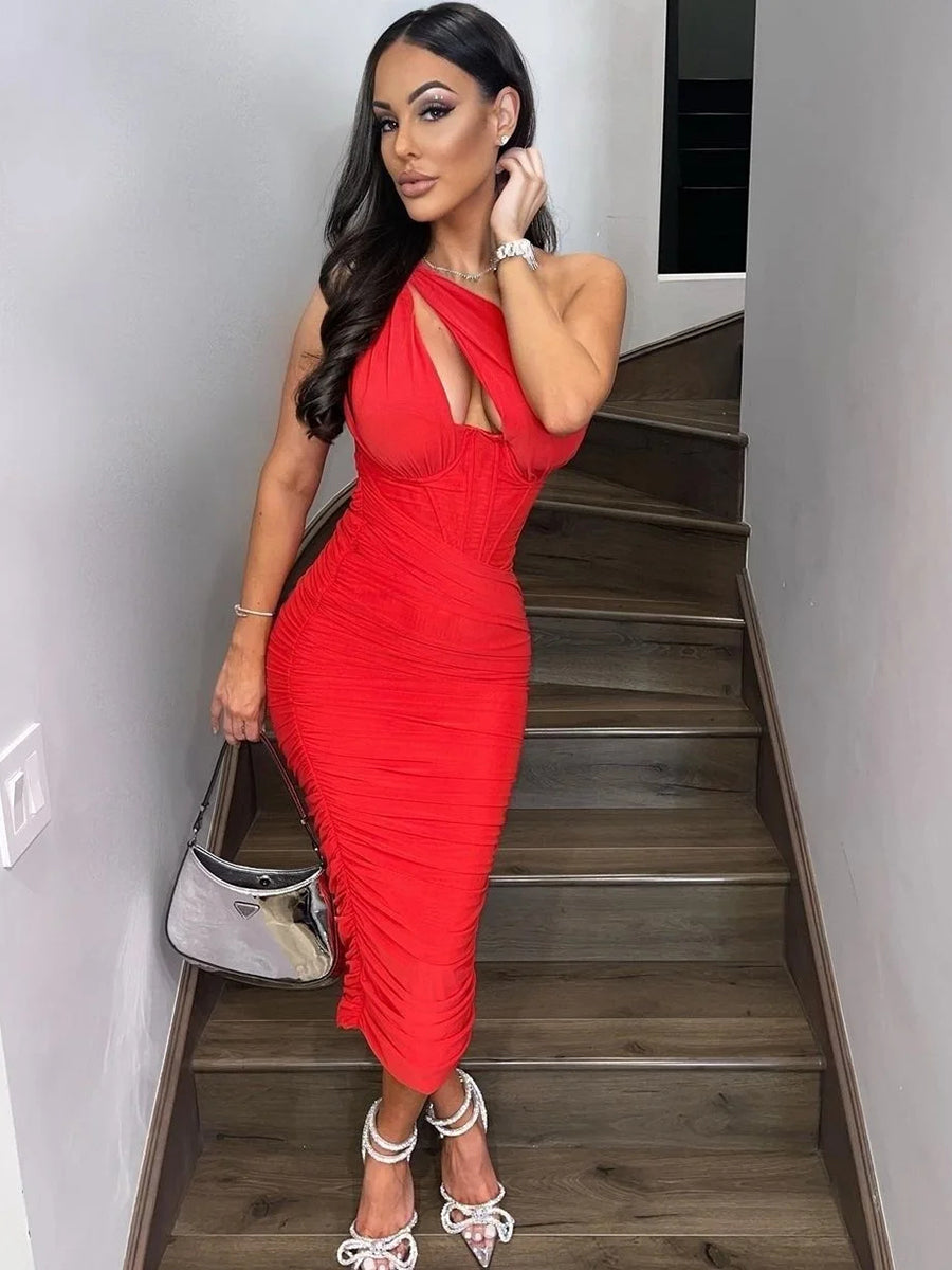 High Quality Mesh One Shoulder Backless Midi Dress Rown