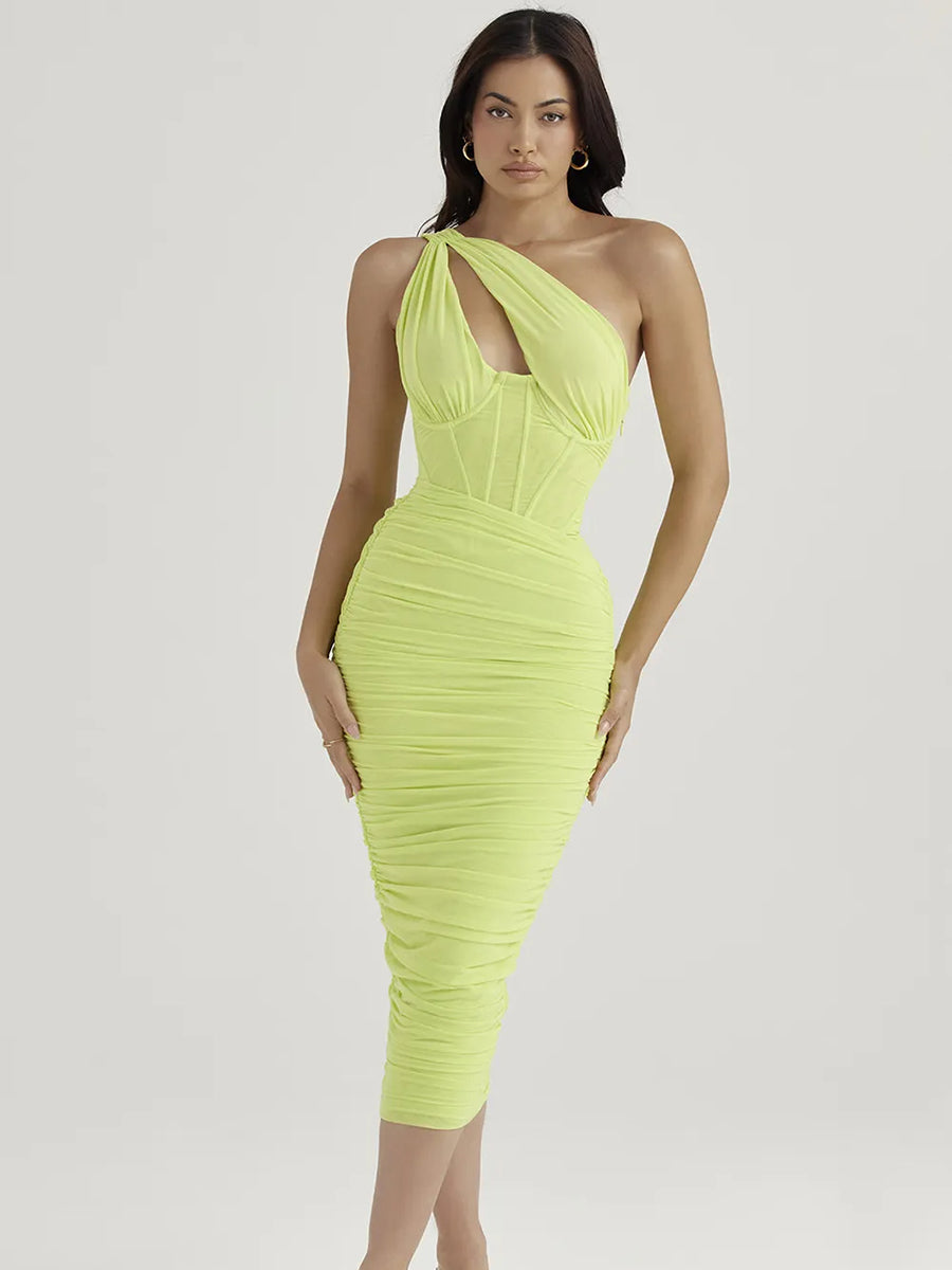 High Quality Mesh One Shoulder Backless Midi Dress Rown