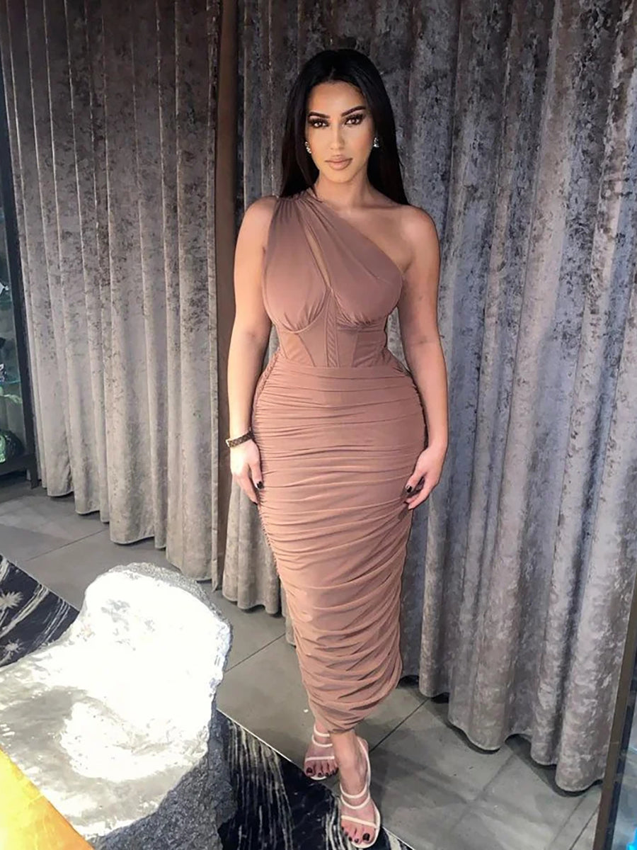 High Quality Mesh One Shoulder Backless Midi Dress Rown