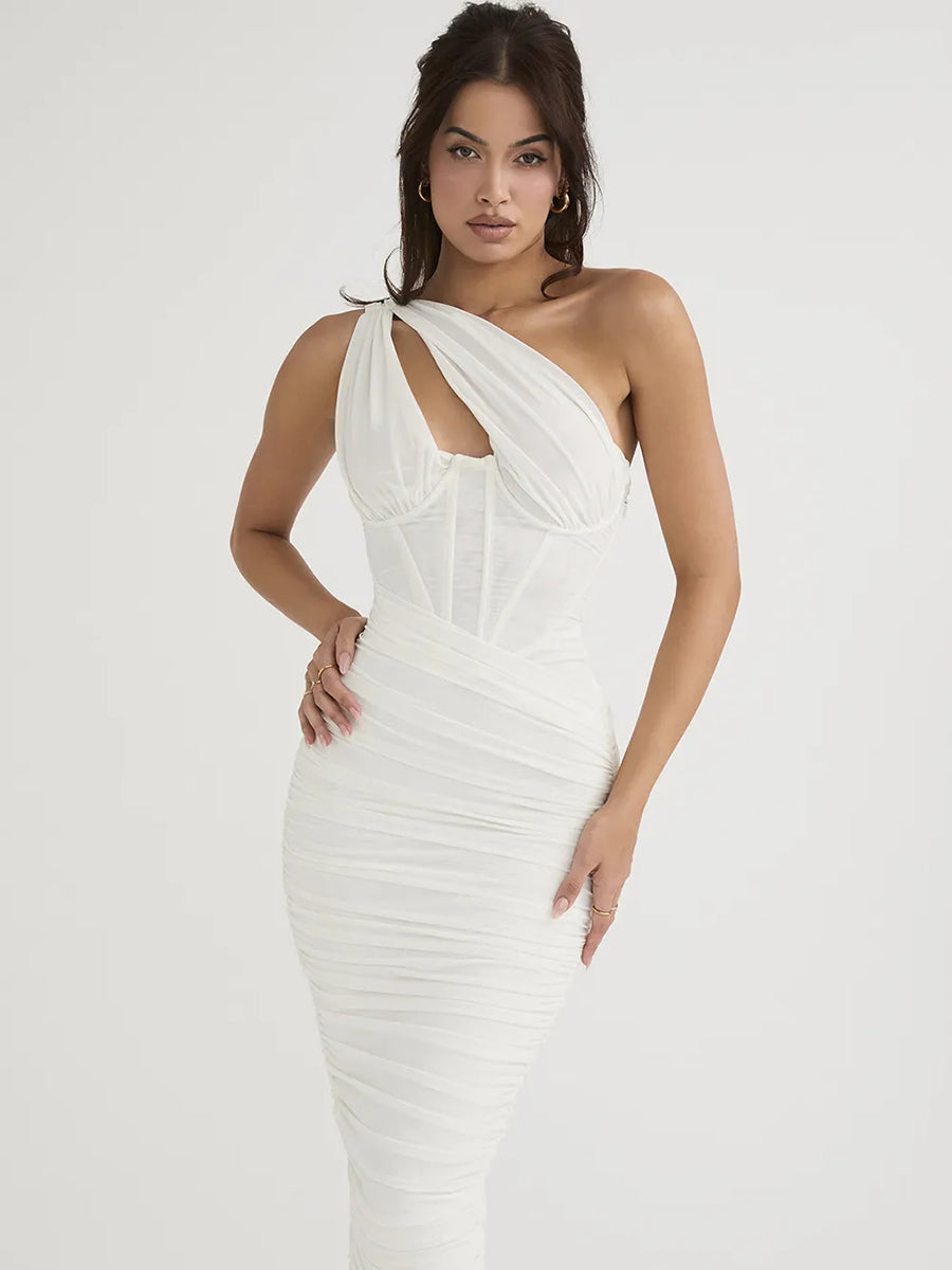 High Quality Mesh One Shoulder Backless Midi Dress Rown