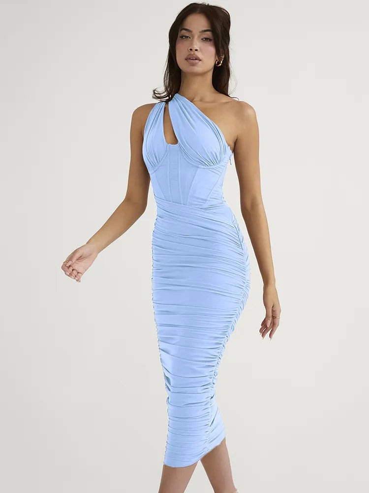 High Quality Mesh One Shoulder Backless Midi Dress - Rown