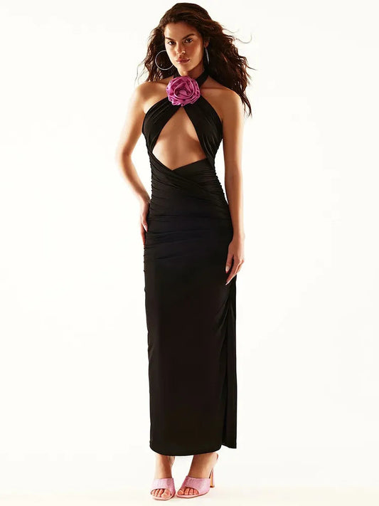 Hlater 3D Flower Backless Bodycon Maxi Dress Rown