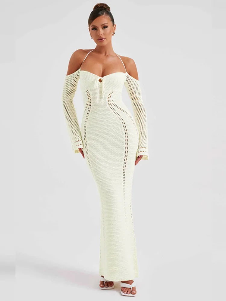 Hollow Out Backless Knitted Off-shoulder Maxi Dress Rown