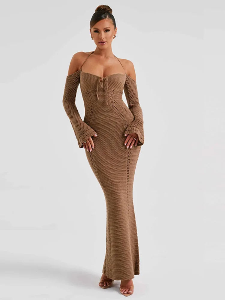 Hollow Out Backless Knitted Off-shoulder Maxi Dress Rown