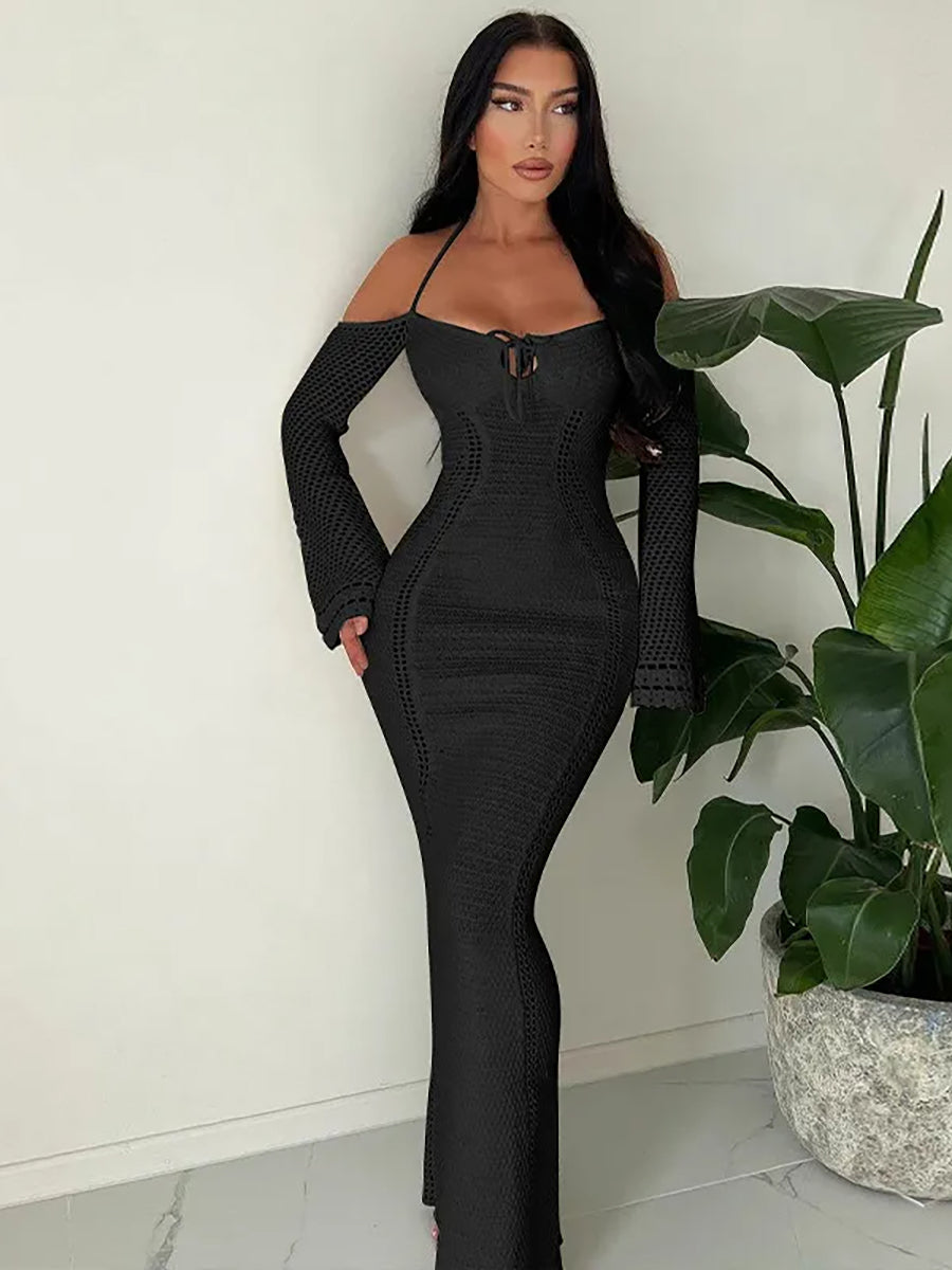 Hollow Out Backless Knitted Off-shoulder Maxi Dress Rown