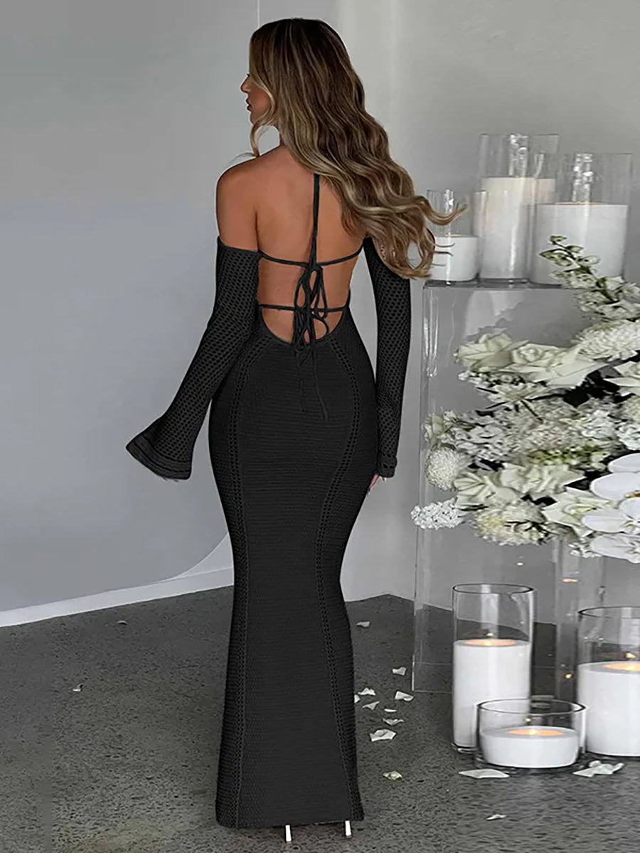 Hollow Out Backless Knitted Off-shoulder Maxi Dress Rown