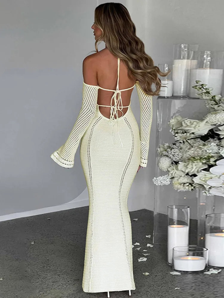 Hollow Out Backless Knitted Off-shoulder Maxi Dress Rown