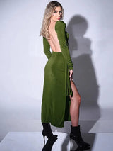 Hollow Out Backless  O Neck Maxi Dress Rown