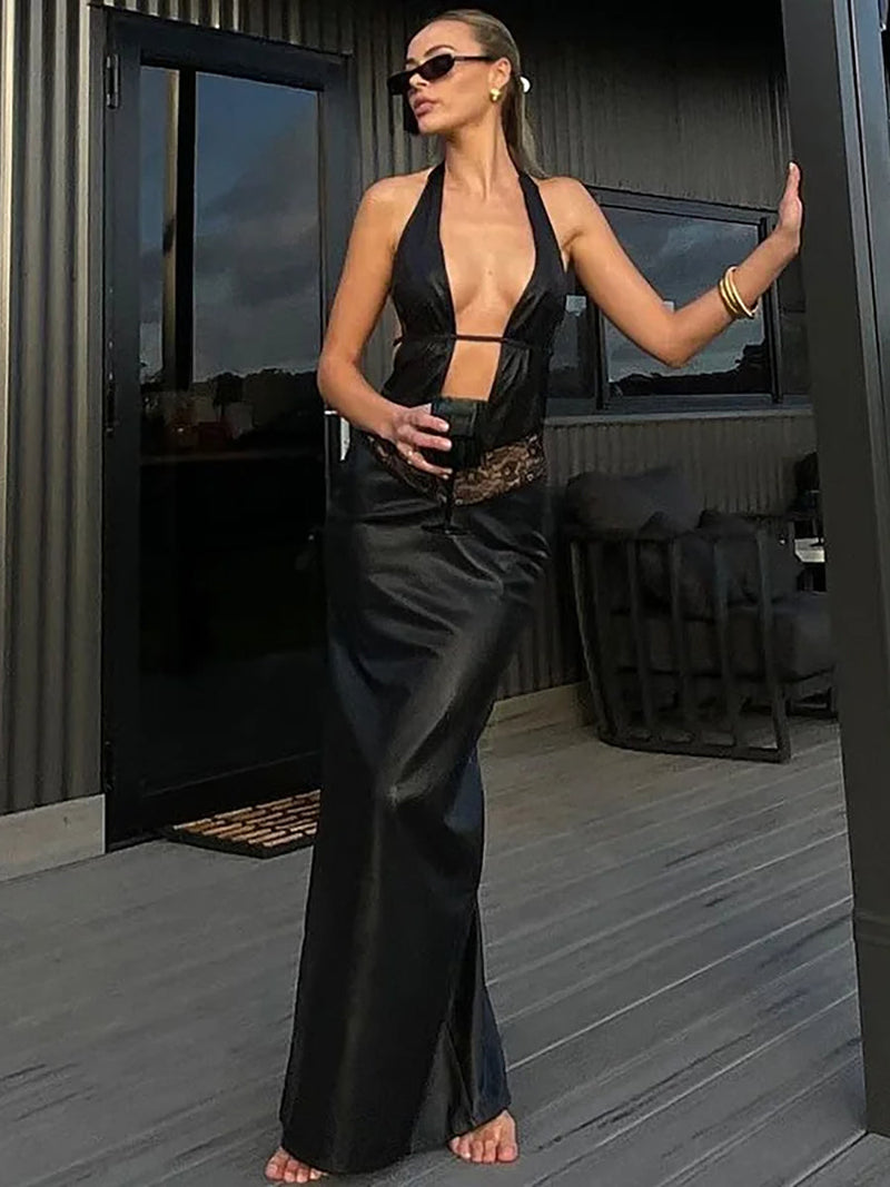 Hollow Out Backless PU Leather Maxi Dress Rown