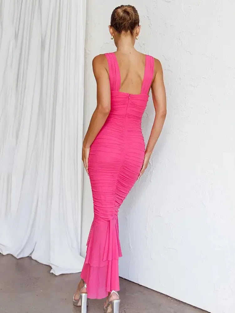 Hollow Out Backless Ruched Maxi Dress Rown