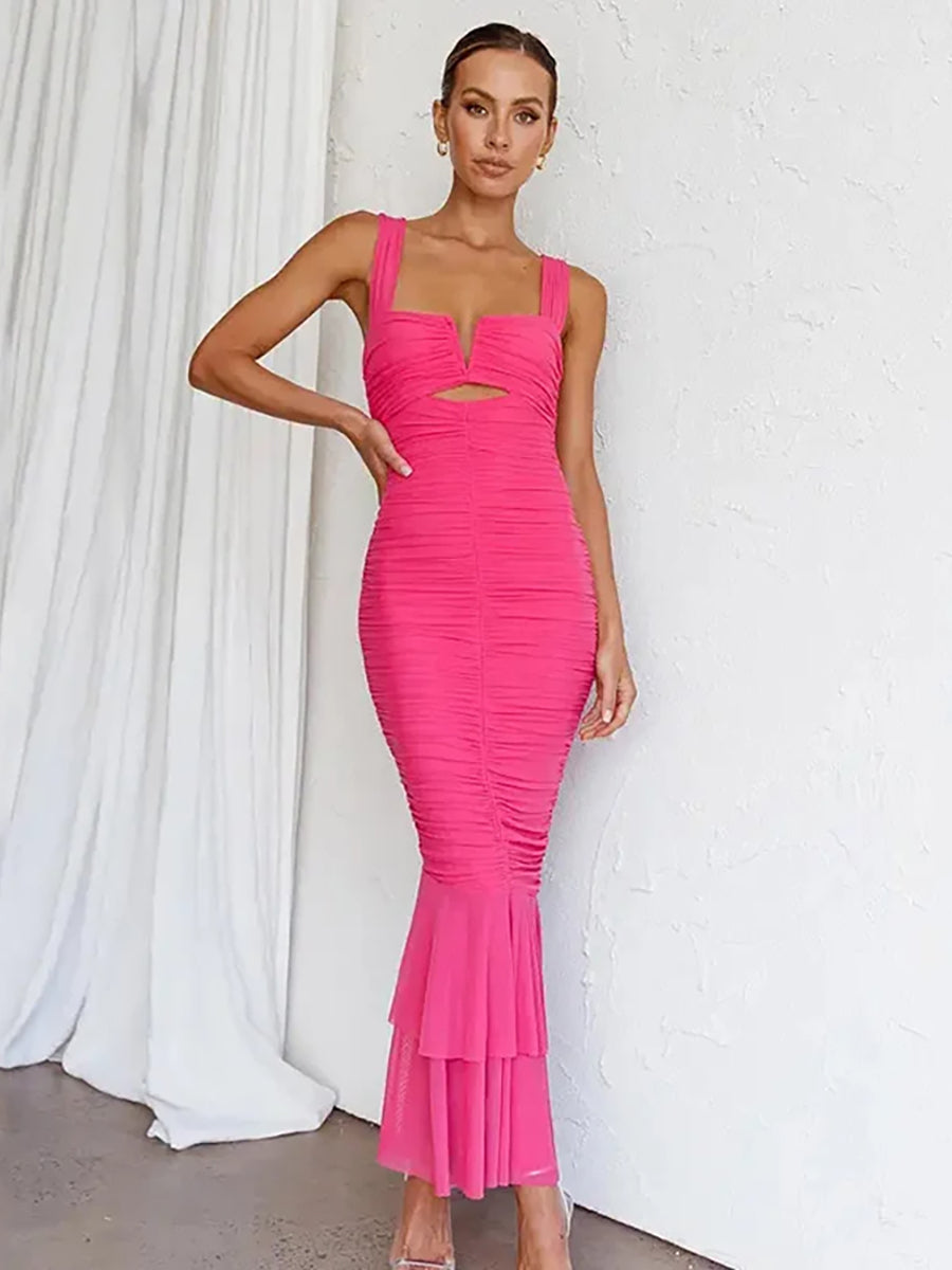 Hollow Out Backless Ruched Maxi Dress Rown