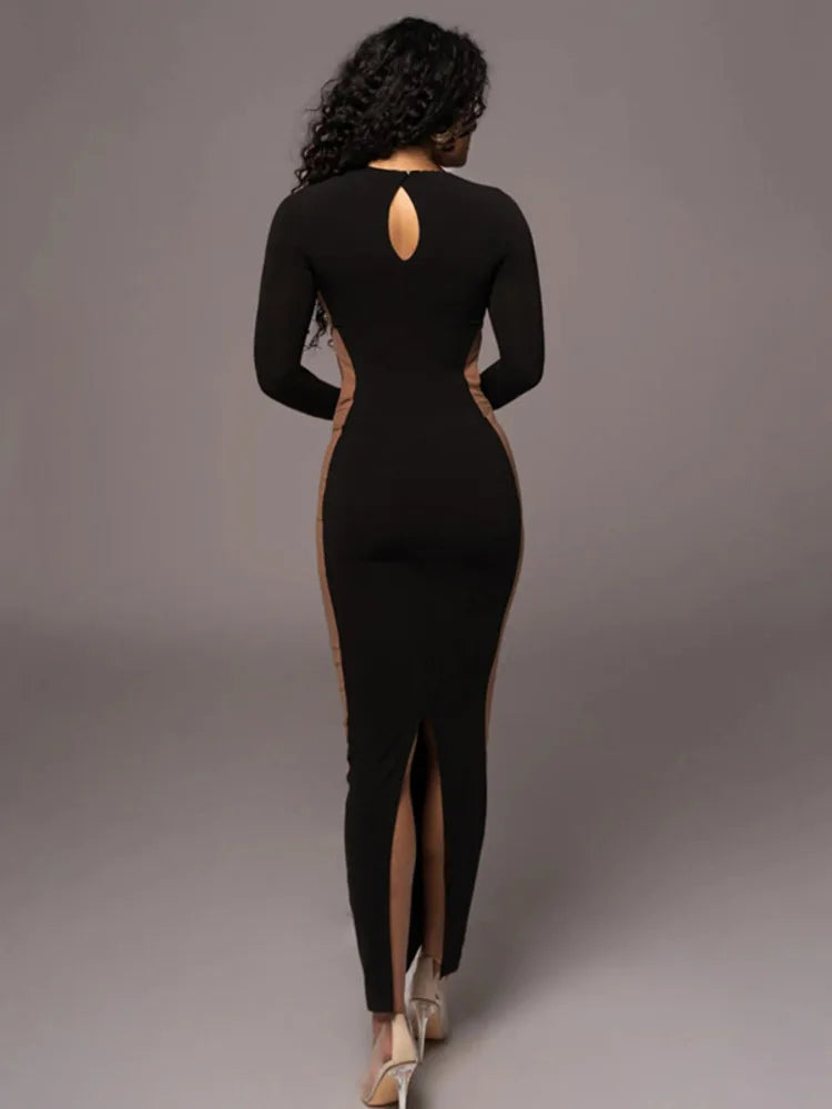 Hollow Out Contrast O Neck Bodycon Maxi Dress Rown