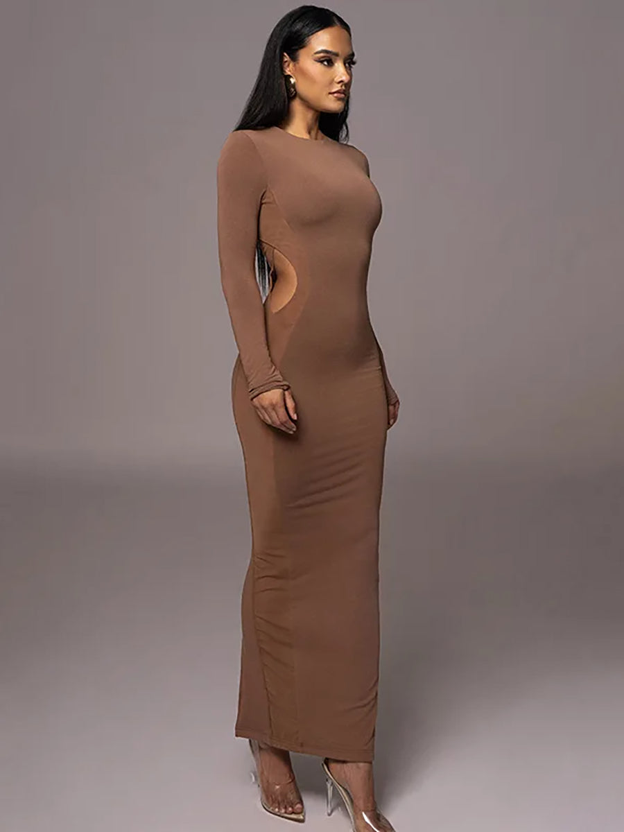 Hollow Out Contrast O Neck Bodycon Maxi Dress Rown