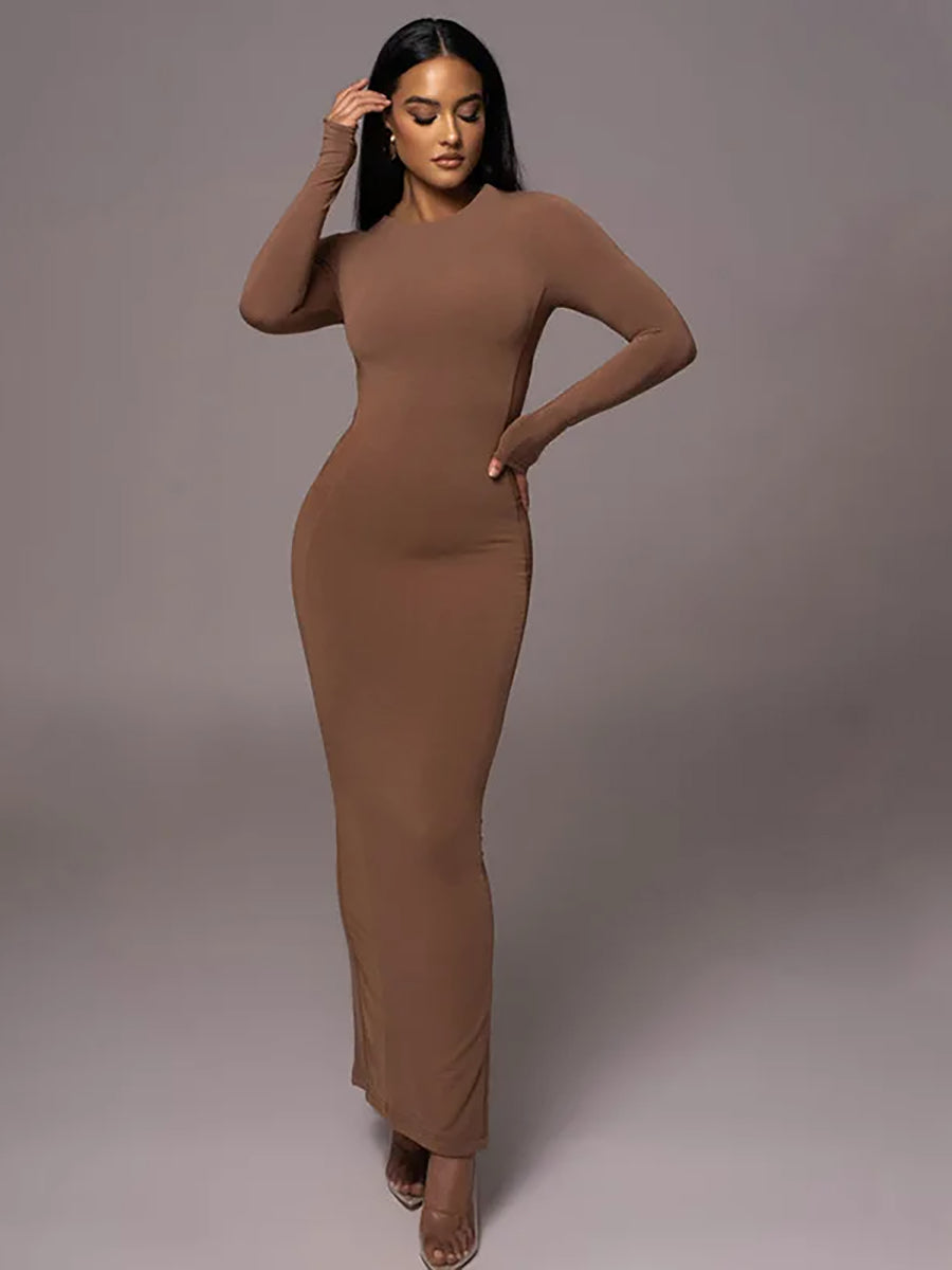 Hollow Out Contrast O Neck Bodycon Maxi Dress Rown