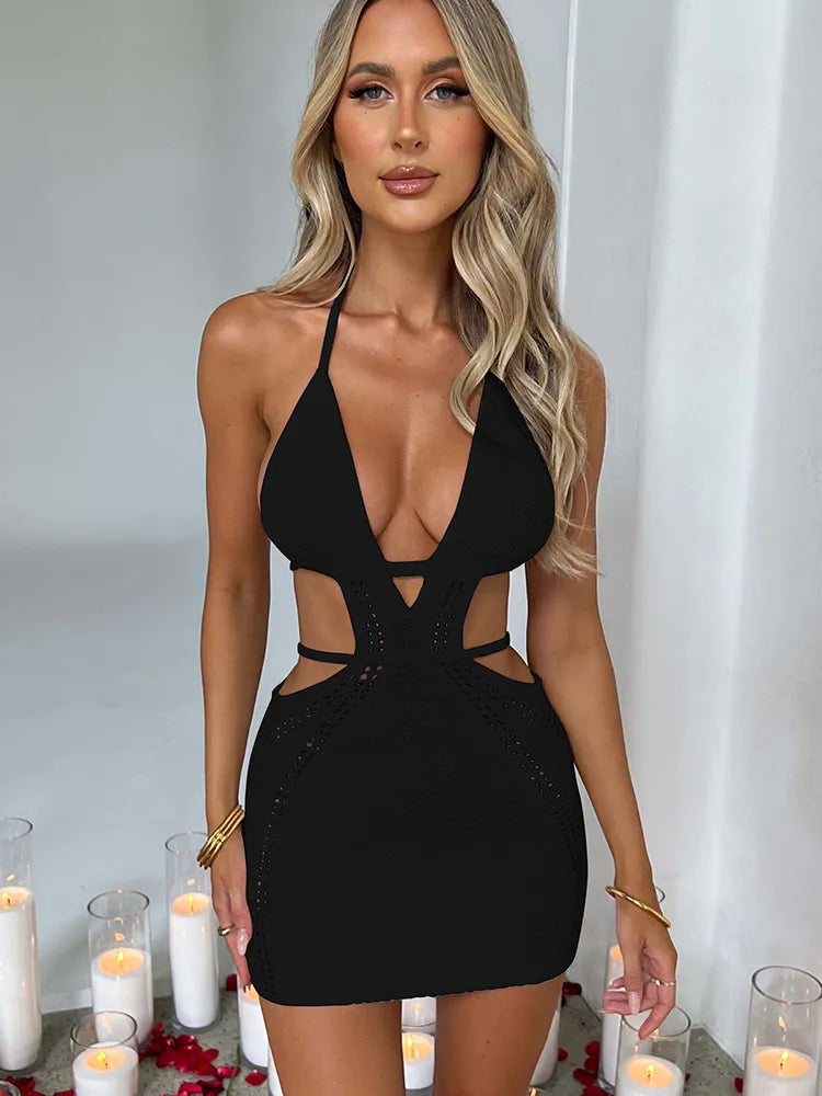 Hollow Out Halter Backless Skinny Mini Dress & Long Dress Rown