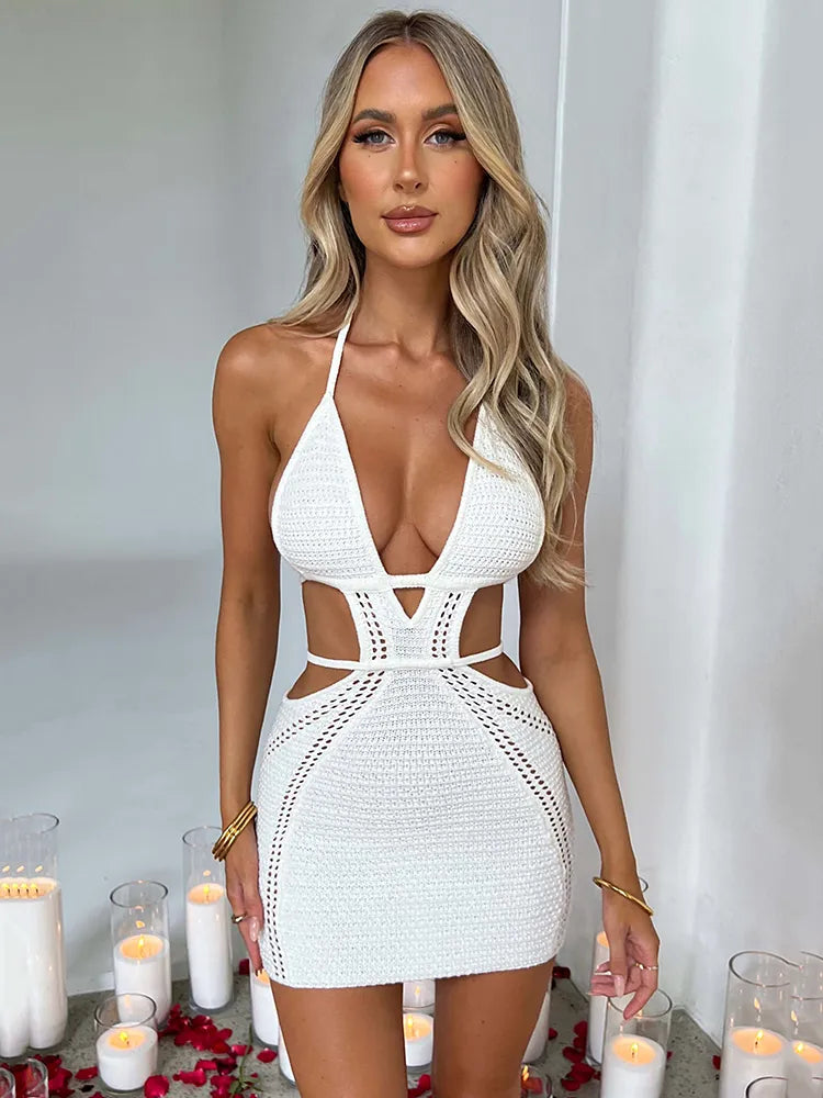 Hollow Out Halter Backless Skinny Mini Dress & Long Dress Rown