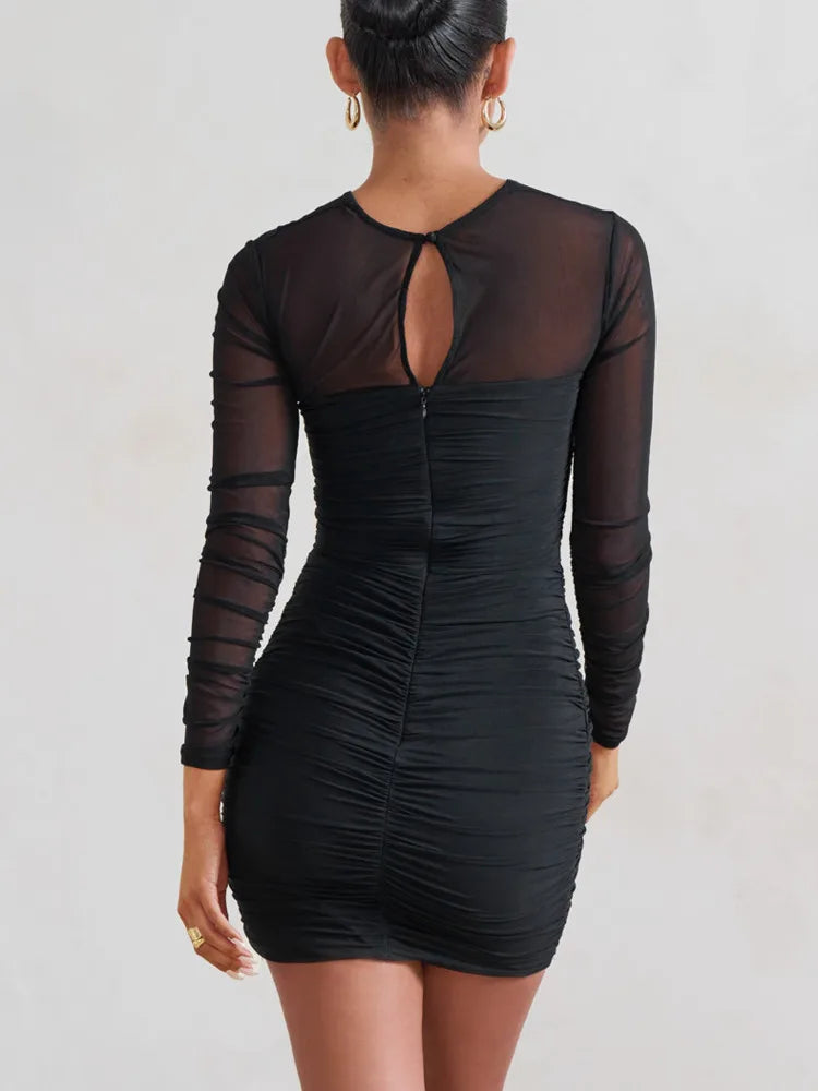 Hollow Out Mesh Sheer Ruched Mini Dress Rown