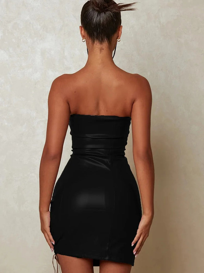Hollow Out PU Leather Backless Bodycon Mini Dresses Rown