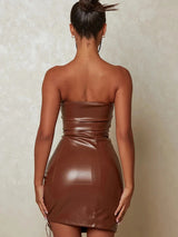 Hollow Out PU Leather Backless Bodycon Mini Dresses Rown