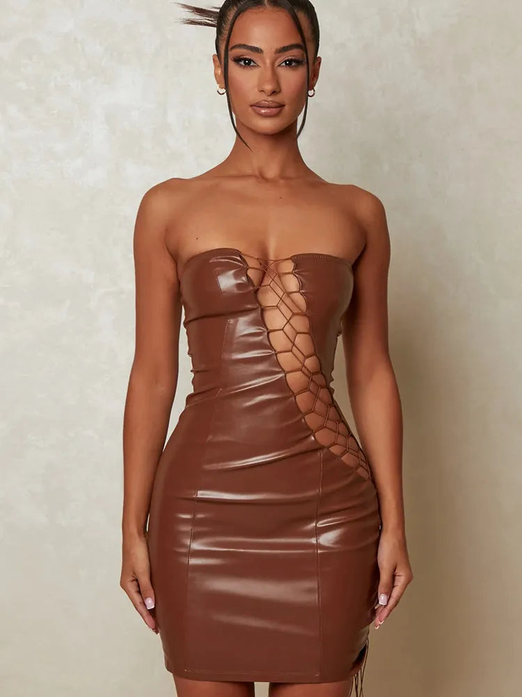 Hollow Out PU Leather Backless Bodycon Mini Dresses Rown