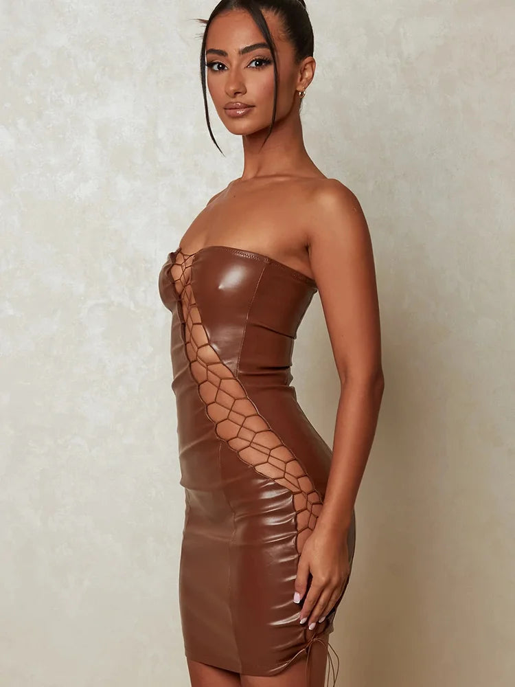 Hollow Out PU Leather Backless Bodycon Mini Dresses Rown