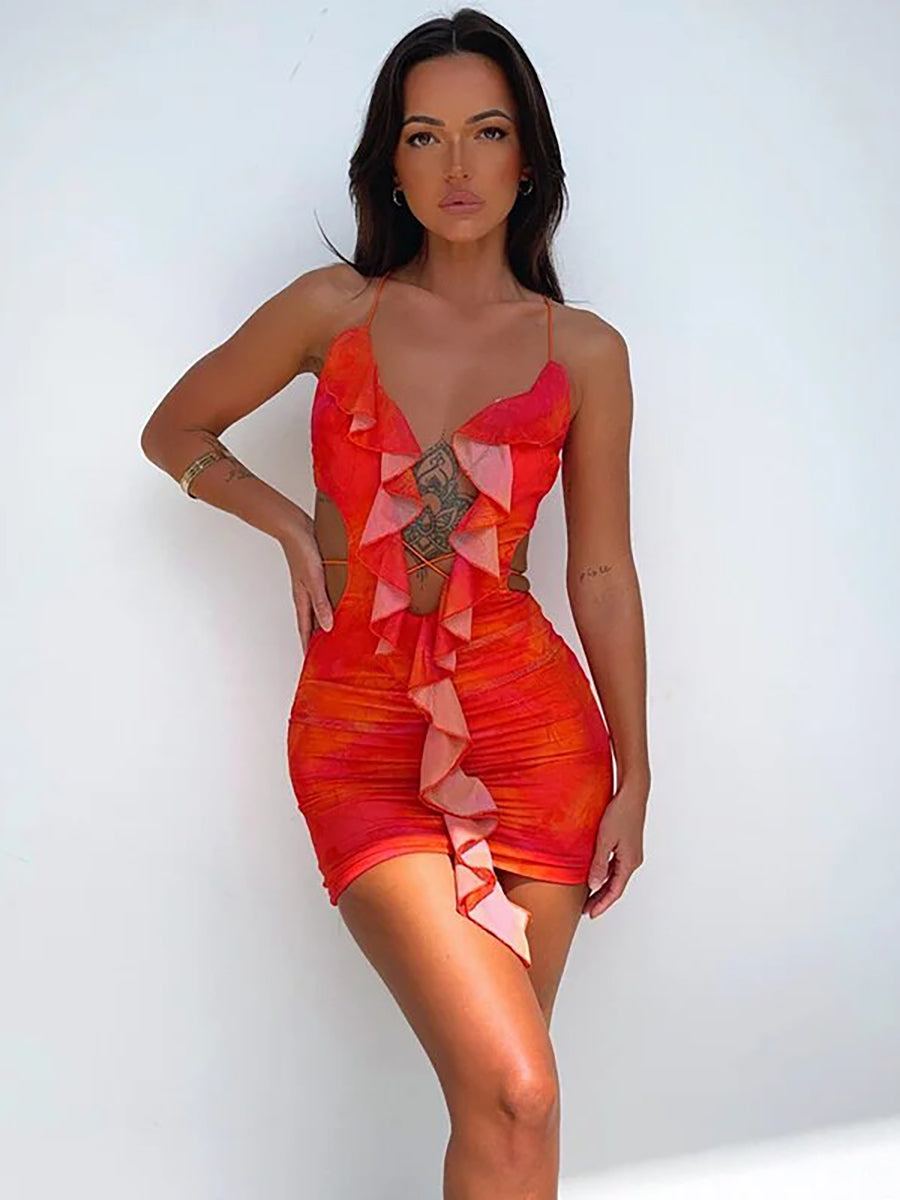 Hollow Out Ruffle Halter Backless Bodycon Mini Dress Rown