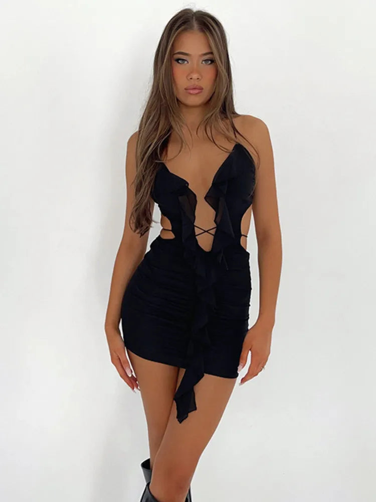 Hollow Out Ruffle Halter Backless Bodycon Mini Dress Rown