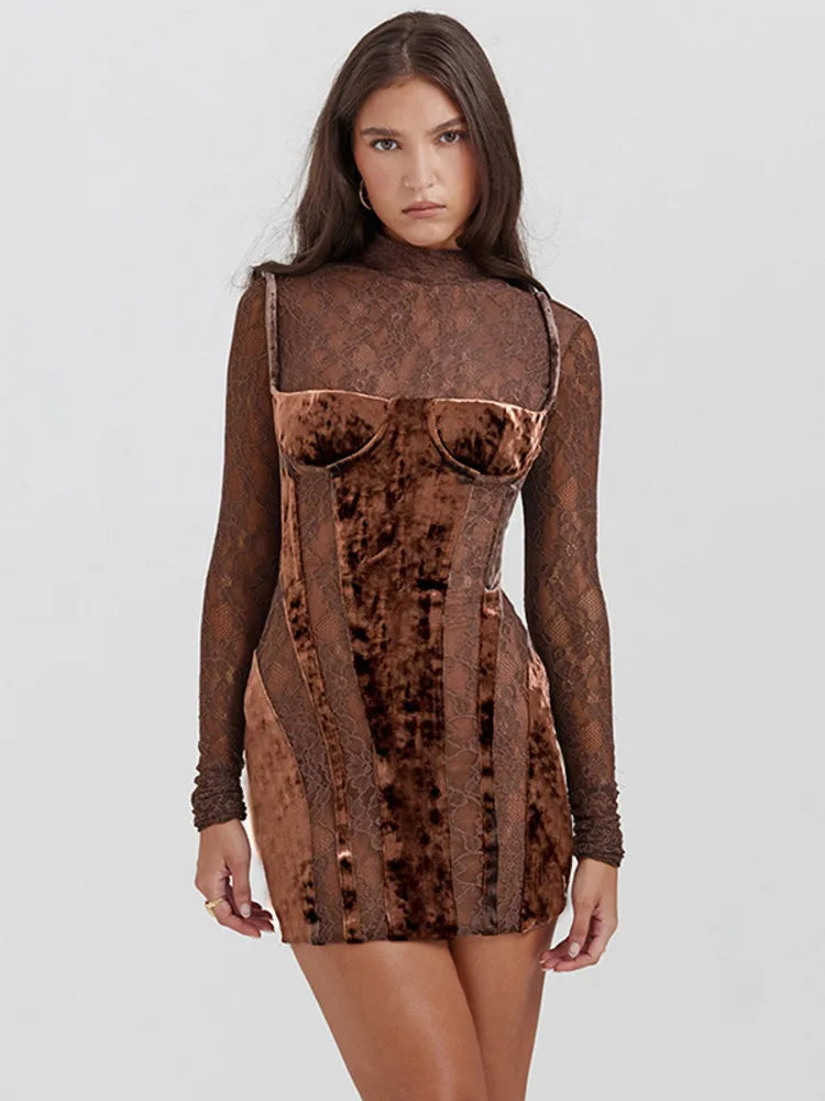 Hollow Out Sheer Lace Velvet Mini Dress Rown