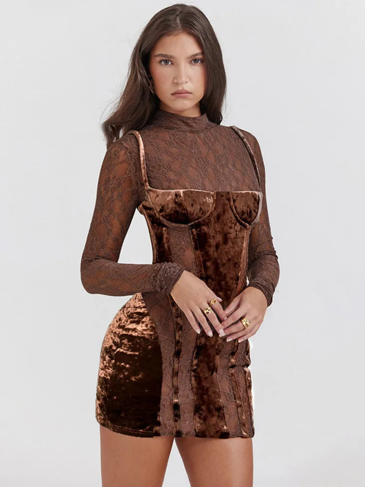 Hollow Out Sheer Lace Velvet Mini Dress Rown