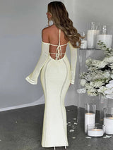 Hollow Out Backless Knitted Off-shoulder Maxi Dress - Rown