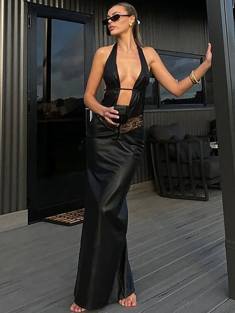 Hollow Out Backless PU Leather Maxi Dress - Rown