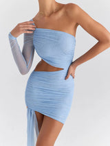 Hollow Out Backless Robe Two Layer Mesh Mini Dress - Rown