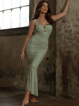 Hollow Out Backless Ruched Maxi Dress - Rown