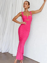 Hollow Out Backless Ruched Maxi Dress - Rown