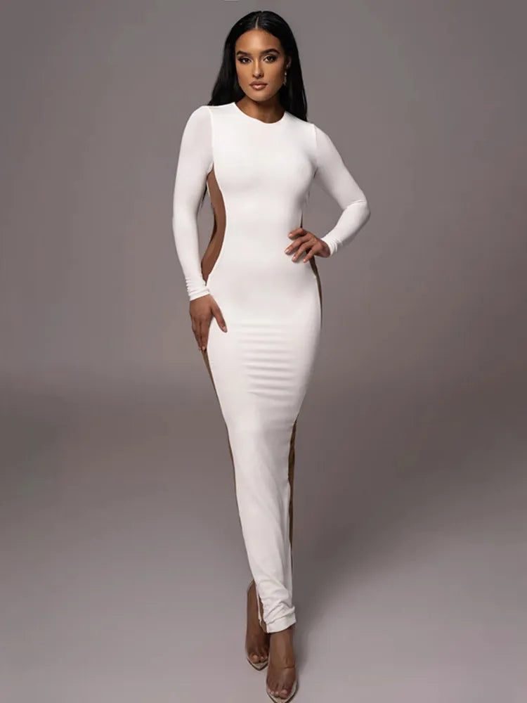 Hollow Out Contrast O Neck Bodycon Maxi Dress - Rown