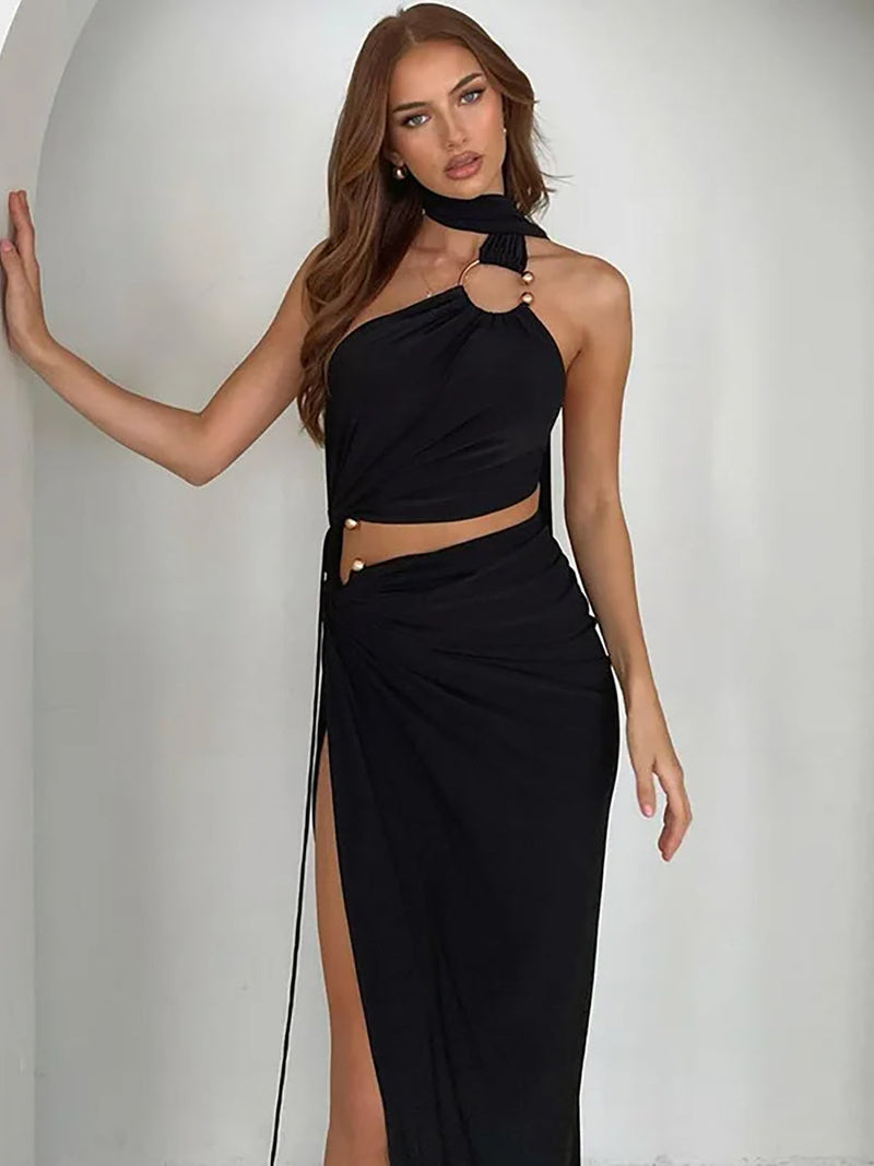 Hollow Out Halter Strapless Backless Maxi Dress - Rown